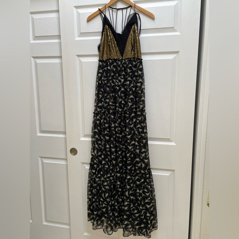Anthropologie Black and Gold Patterned Maxi Dress